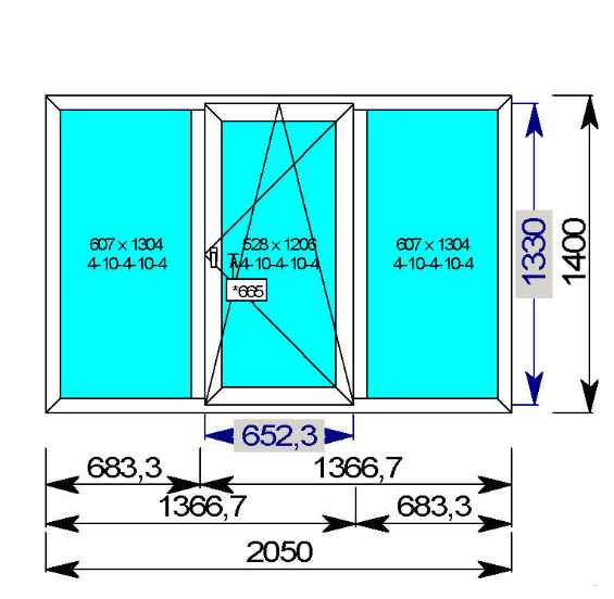 Окно трехстворчатое, поворотно-откидное, рама из 3-х камерного профиля с 2-х камерным стекло пакетом, размером&nbsp;2050х1400 мм