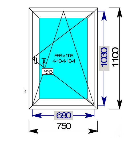 Окно ПВХ одностворчатое поворотно откидная рама из 3-х камерного профиля, с двух камерным стеклопакетом, размером 750х1100мм