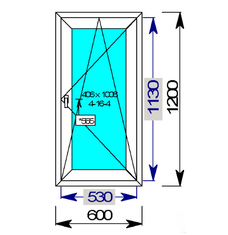 Окно одностворчатое поворотнооткидное рама из 3-х камерного профиля, с однкамерным стеклопакетом, размером 600х1200мм